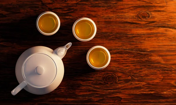 木制表面的白色陶瓷茶杯和白色茶壶 酒具3D渲染的顶级视图 — 图库照片