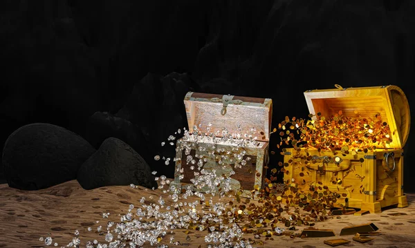 Altın sikkeler ve elmaslar dağılır ya da hazine sandığından kumun üzerine taş ve kayalıklarla zıplar. 3B Hazırlama