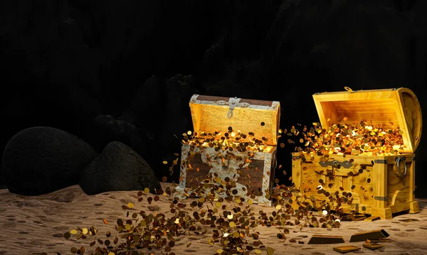 Eski ya da eski hazine sandıkları ya da altın paralarla kaplı sandıkları kumun üzerine serpiştirilmiş kayalıklar ya da mağara kayaları. 3B Hazırlama