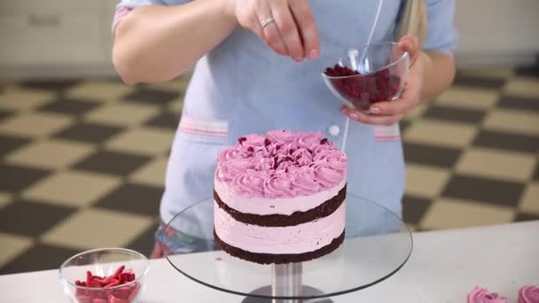 Pasteleiro Prepara Decora Bolo Pastelaria — Vídeo de Stock