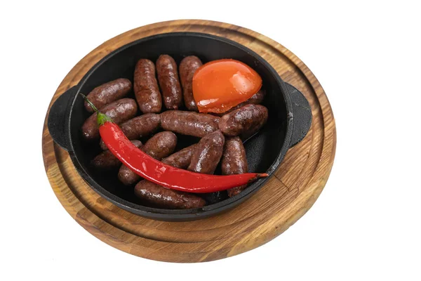 Hunting Sausages Baked Pan Wooden Board White Background — Φωτογραφία Αρχείου