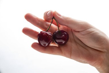 Elinde kiraz tutan izole genç bir kadın. Beyaz arka planda büyük kırmızı kirazlar