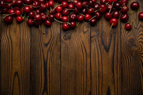 Ripe Red Farm Cherries Brown Wooden Background — Stock Photo, Image