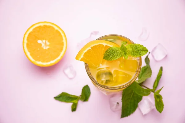 Smoothie Orange Pink Table Decorated Mint Ice Healthy Food Breakfast — Stock Photo, Image