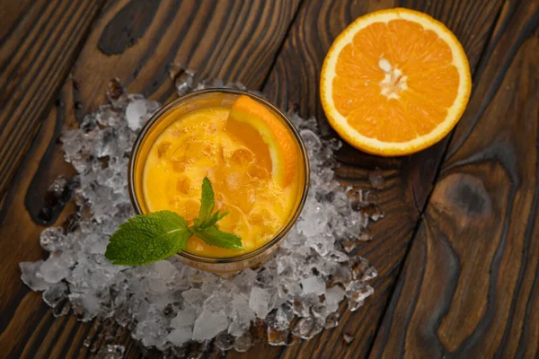 Cocktail Orange Juice Mint Ice Rustic Wooden Table — Stock Photo, Image