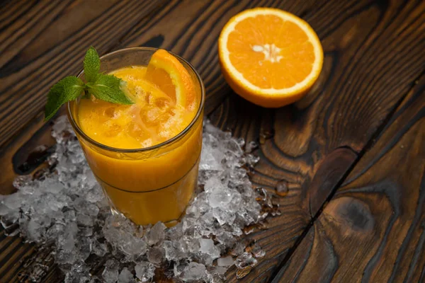 Cocktail Orange Juice Mint Ice Rustic Wooden Table — Stock Photo, Image