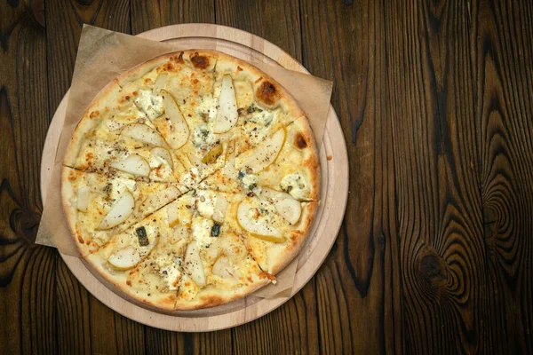 Pizza Stock Brown Wooden Table — Stock Photo, Image