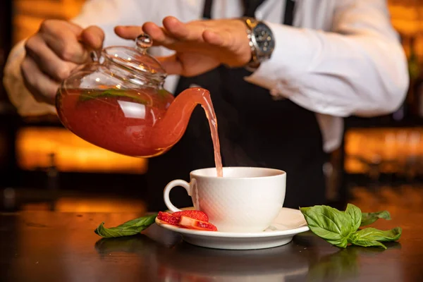 Male Bartender Pours Hot Tea Bar Restaurant — Stock Photo, Image