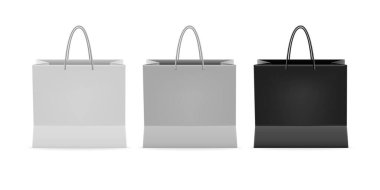 Marketten ya da marketten alışveriş malzemeleri ve ürünleri taşımak için gerçekçi bir paket paketi seti. Vektör illüstrasyonu beyaz arkaplanda izole edildi.