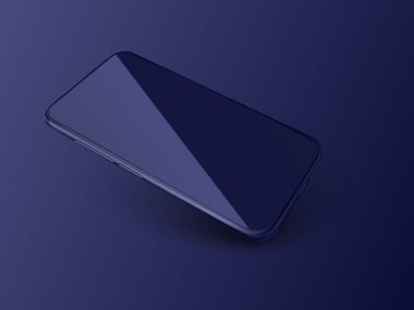 Modern vektör akıllı telefon pürüzsüz bir koyu mavi yüzey üzerindedir. Ekranda yansıması olan yeni parlak cep telefonu.