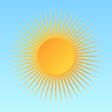 Çizgi film güneşi mavi arka planda izole edilmiş. Güneş ışığı tasarımı. Vektör illüstrasyonu.
