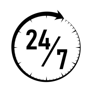 Saat başı, 7 / 24 servis ikonu, tek renk. Vektör illüstrasyonu.