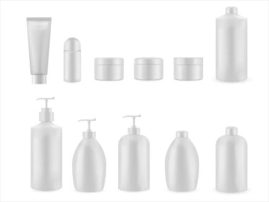 Lüks kozmetik ürünler için gerçekçi, boş paketler. Plastik kapların boş şablon koleksiyonu. Sıvı için bir şişe, cilt bakım kremi. Beyaz arkaplanda vektör modeli izole edildi.