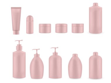 Lüks kozmetik ürünler için gerçekçi, boş paketler. Plastik kapların boş şablon koleksiyonu. Sıvı için bir şişe, cilt bakım kremi. Beyaz arkaplanda vektör modeli izole edildi.