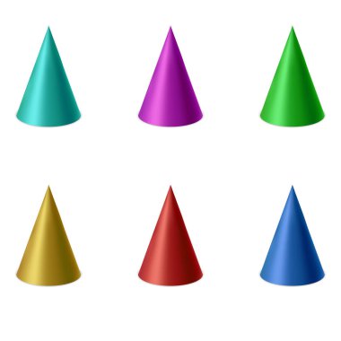 Parti şapkası beyaz arka planda izole edilmiş. Doğum günü şapkası. Vektör eğlencesi dekorasyonu. Renkli sürpriz kostüm..