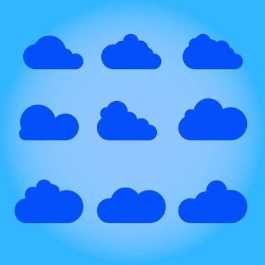 Mavi arka planda izole edilmiş modaya uygun düz stil Cloud Icons seti. Web sitenizin tasarımı için bulut sembolü, logo, uygulama, UI. Vektör illüstrasyonu.