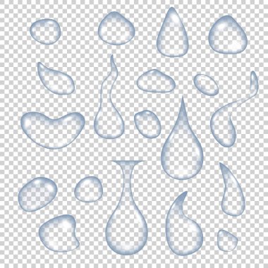 Şeffaf bir arkaplanda izole edilmiş temiz su damlaları. Vektör illüstrasyonu.