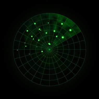 Yeşil radar arka planda izole edildi. Askeri arama sistemi. HUD radar görüntüsü. Vektör illüstrasyonu.