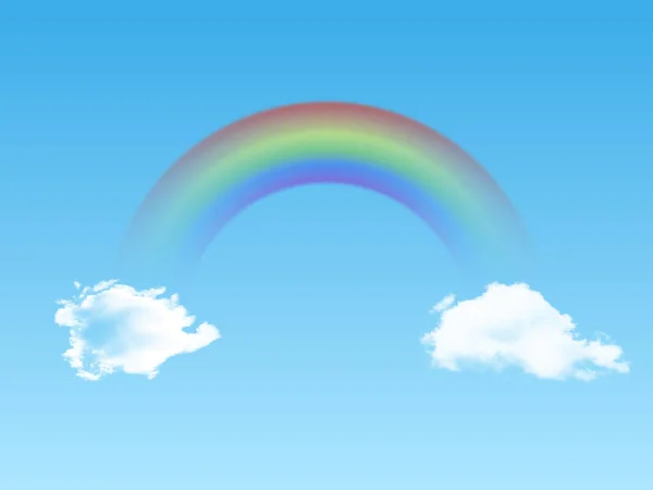 Arco Íris Arqueado Brilhante Com Nuvens Realistas Fundo Azul Ilustração —  Vetores de Stock