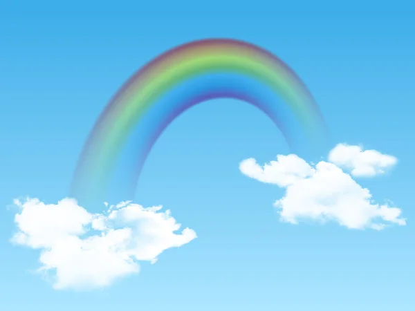 Arco Iris Brillante Arqueado Con Nubes Realistas Sobre Fondo Azul — Vector de stock