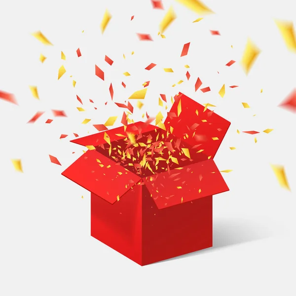 Boîte Cadeau Rouge Ouverte Confettis Illustration Vectorielle — Image vectorielle