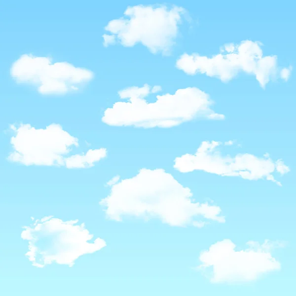 蓝色背景上的一组现实的孤立云团 矢量说明 — 图库矢量图片