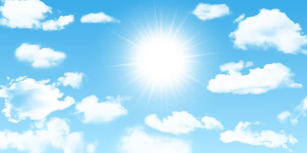 晴れた背景には 白い雲と太陽と青空 ベクターイラスト — ストックベクタ