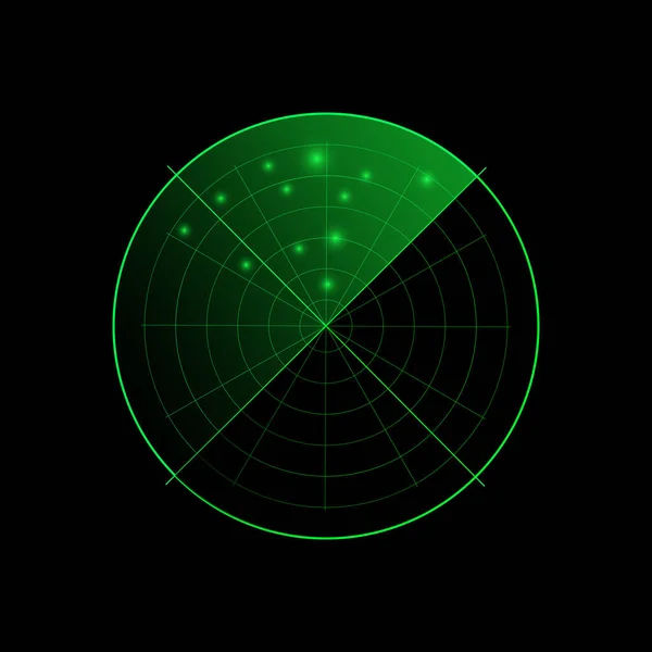 Green Radar Isolated Dark Background Military Search System Hud Radar — Stock Vector