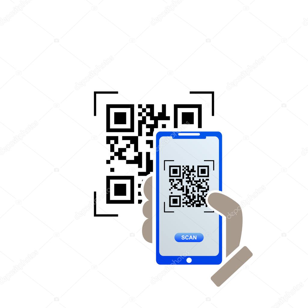 QR code icon on smartphone screen. Hand holding smartphone. Vector illustration.