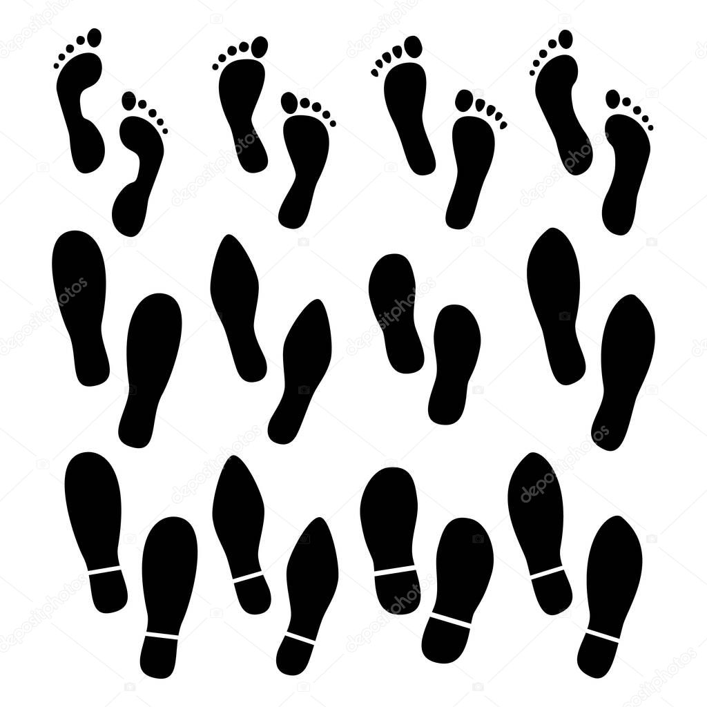Footprints human shoes silhouette, vector set, isolated on white background. Vector illustration.