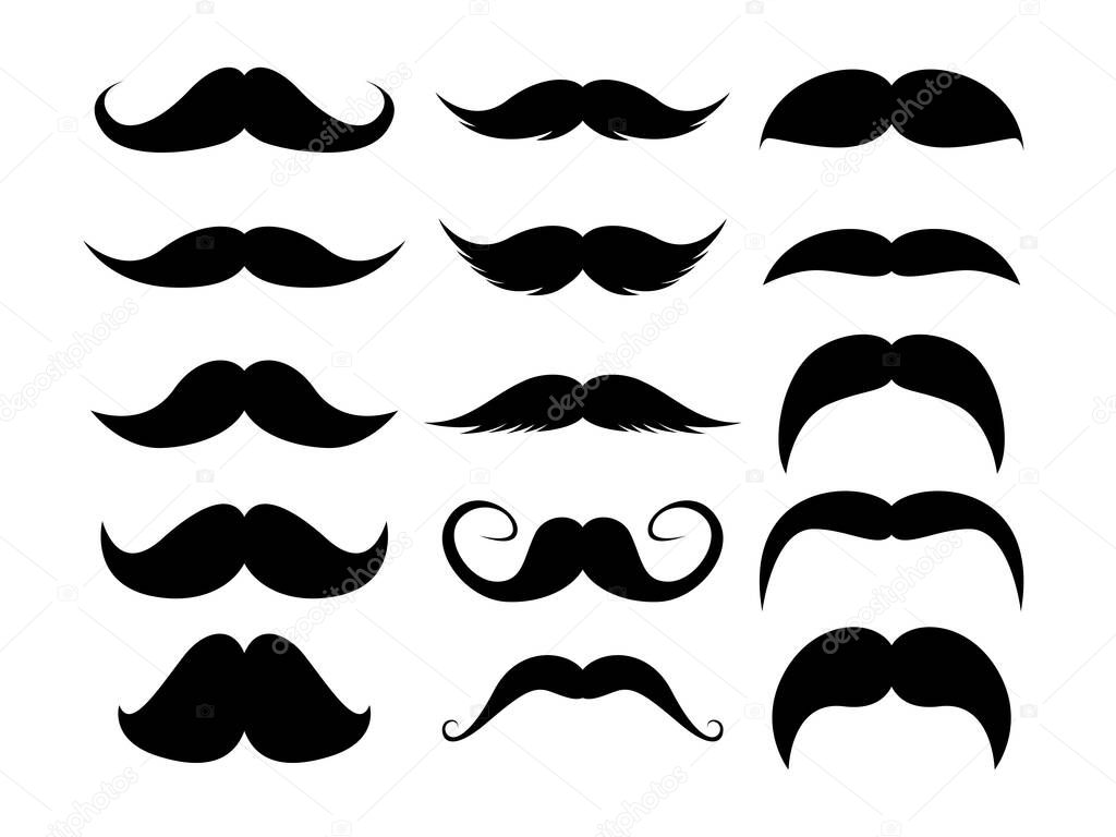 Set of Mustaches. Black silhouette of adult man moustaches. Vector illustration isolated on white background