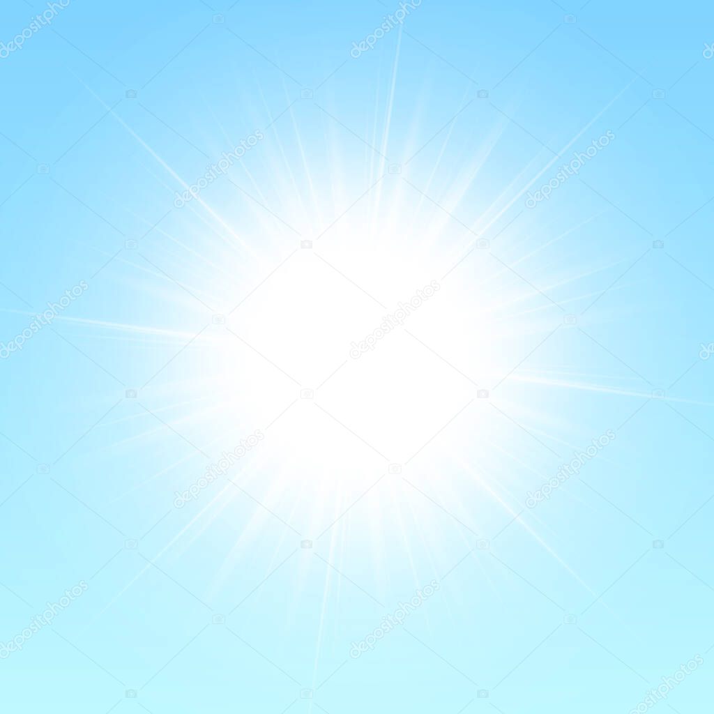 Shiny sun isolated on blue background. Vector illustration.