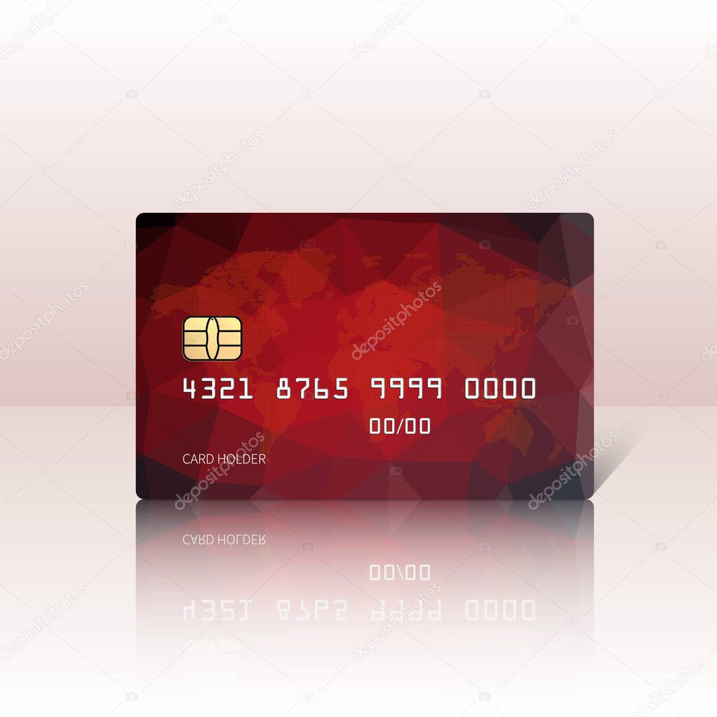 Vector illustration of detailed glossy red credit card isolated on light background. Vector illustration.