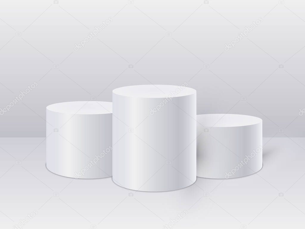 White cylinder template. 3d base stand podium or studio pedestal round platform showroom. Vector illustration.