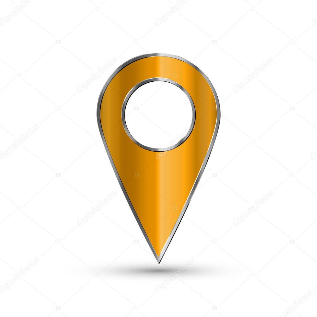 Realistic 3d pointer of map. Gold map marker icon in vector. Vector illustration.