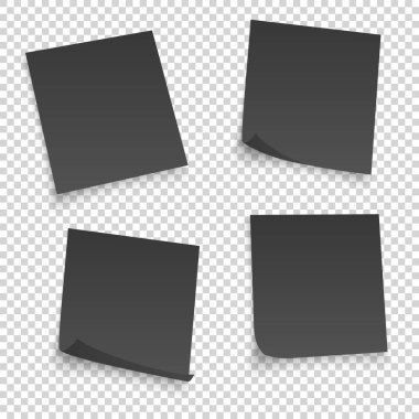 Farklı siyah çarşaf koleksiyonu. Transperent arka planda izole edilmiş kıvrımlı köşeli kağıtlar. Vektör illüstrasyonu.