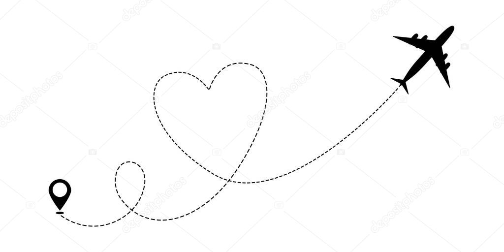 Heart airplane travel route line for romantic journey concept. Vector illustration.