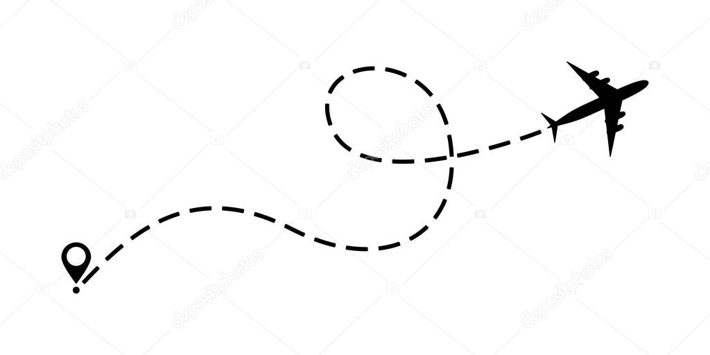Airplane line path vector icon of air. Plane flight route with start point and dash line trace. Vector illustration.
