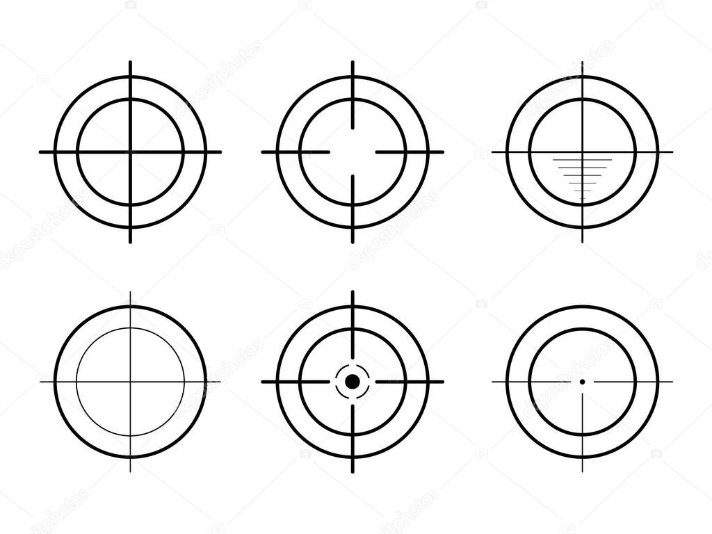 Sniper rifle scope. Weapon aim. Set of targets and destination. Focus icons. Vector illustration.