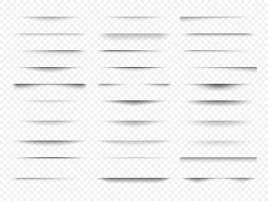 Yumuşak kenarlı şeffaf gölgeler. Saydam arka planda farklı şekillerde izole edilmiş gerçekçi gölge etkisi. Vektör illüstrasyonu.