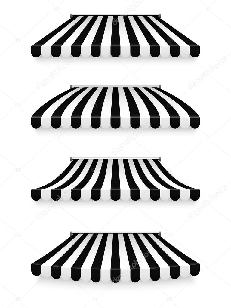 Realistic striped shop sunshade. Store awning. Roof canopy. Shop tent set. Vector illustration.