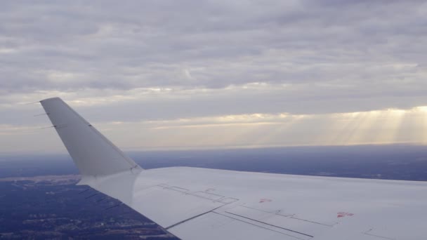 Repülőgép szárny napkeltekor — Stock videók