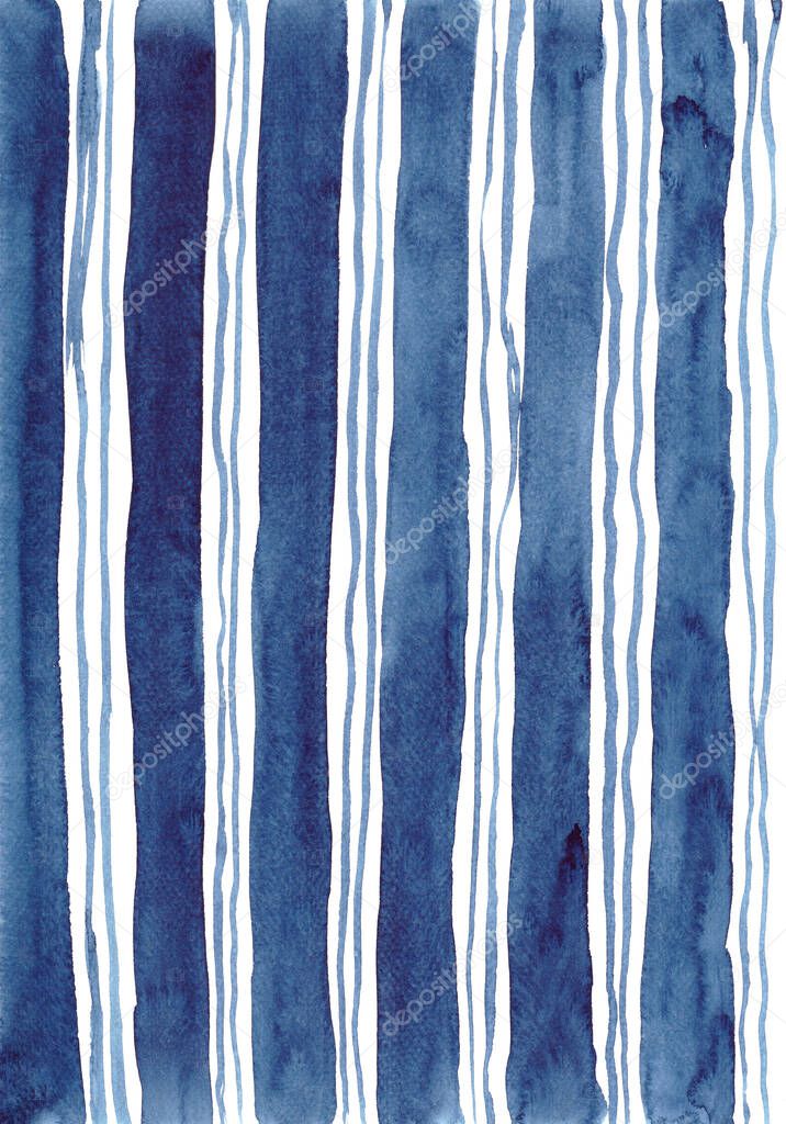 Blue stripe lines on paper. Abstract watercolor hand painting background. High resolution. Design for card, cover, print, web.