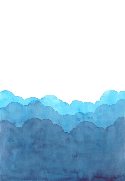 Abstract watercolor hand painting illustration in cloud concept. Bright blue wavy background. High resolution. Design for card, cover, print, web.