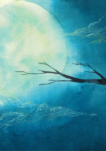 watercolor color hand painting, blue full moon glows bright in dark blue night sky, silhouette dry tree
