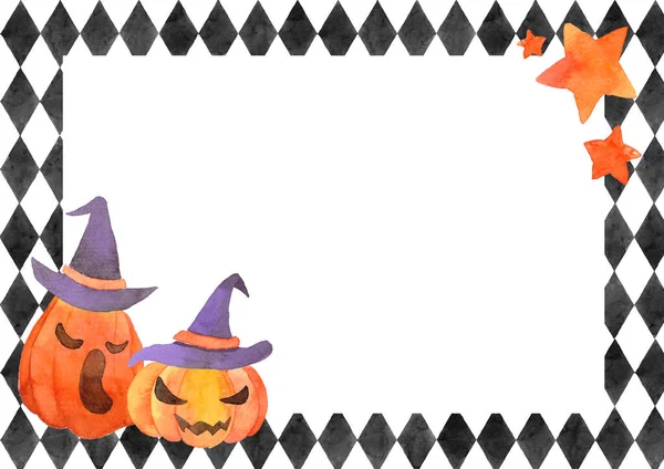 Cute Ramki Dyni Halloween Farba Akwarelowa Projekt Dyni Magiczny Kapelusz — Zdjęcie stockowe