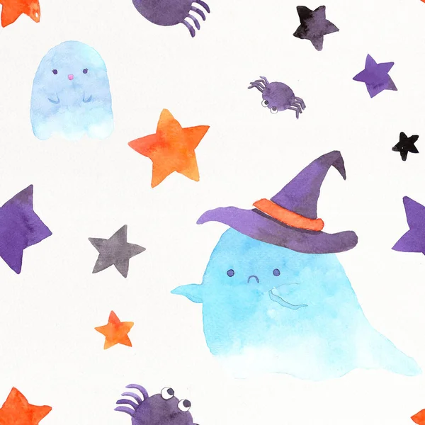 Halloween cartoon seamless background. Pattern for girls,boy, kids, halloween, clothes. Creative with cute spirit, candy, and stars