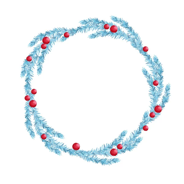 Vrolijke Kerstkrans Rode Bessen Blauwe Boomtakken Geïsoleerd Witte Achtergrond Aquarel — Stockfoto
