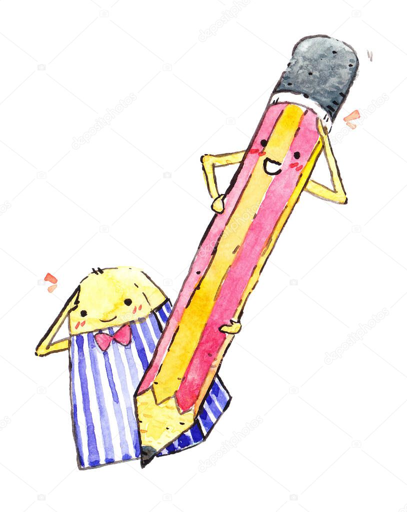 Lovely pencil and eraser isolated on white background, concept of working on a cross functional team, back to school, watercolor illustration, hand painting.