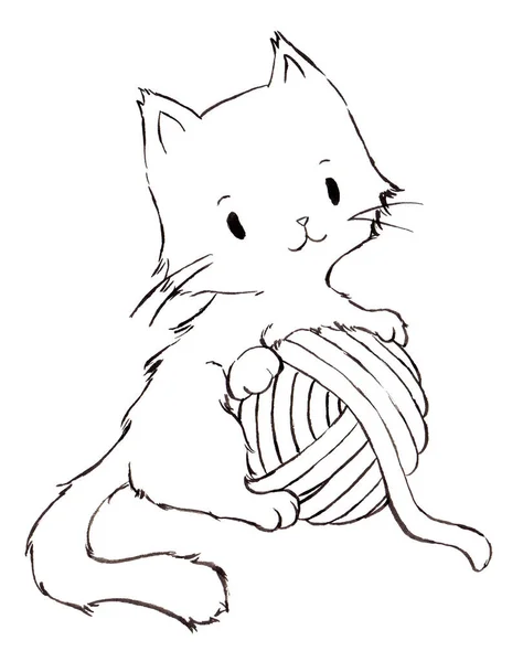 ふわふわの子猫は糸玉を抱きかかえています ペットアート作品広告 ぬり絵 小さな子供のための教科書の装飾のためのラインアート漫画のキャラクターブラックインクハンドペイント — ストック写真